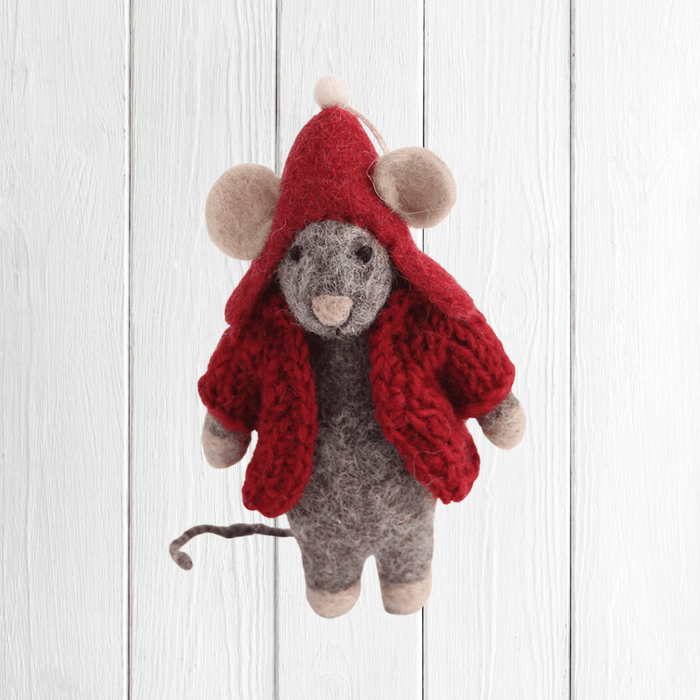Felted Wool Mouse with Red Jacket/Hanging Decoration